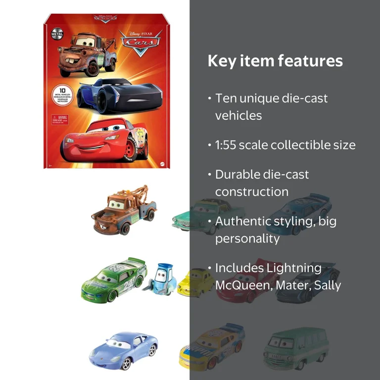 Disney Pixar Cars Die-Cast Vehicle Set, 10-Pack of 1:55 Scale Toy