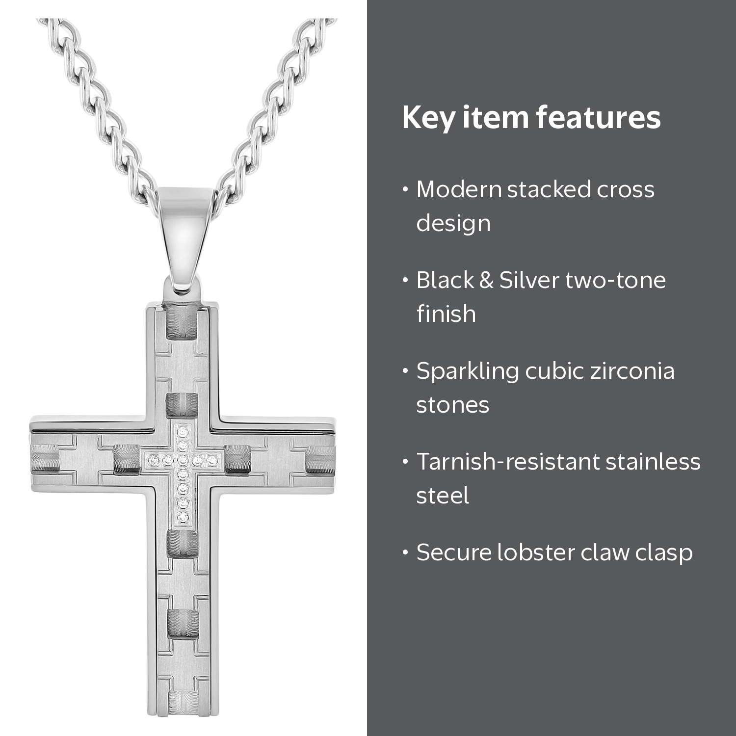 Believe by Brilliance Men's Stainless Steel Cubic Zirconia Cross