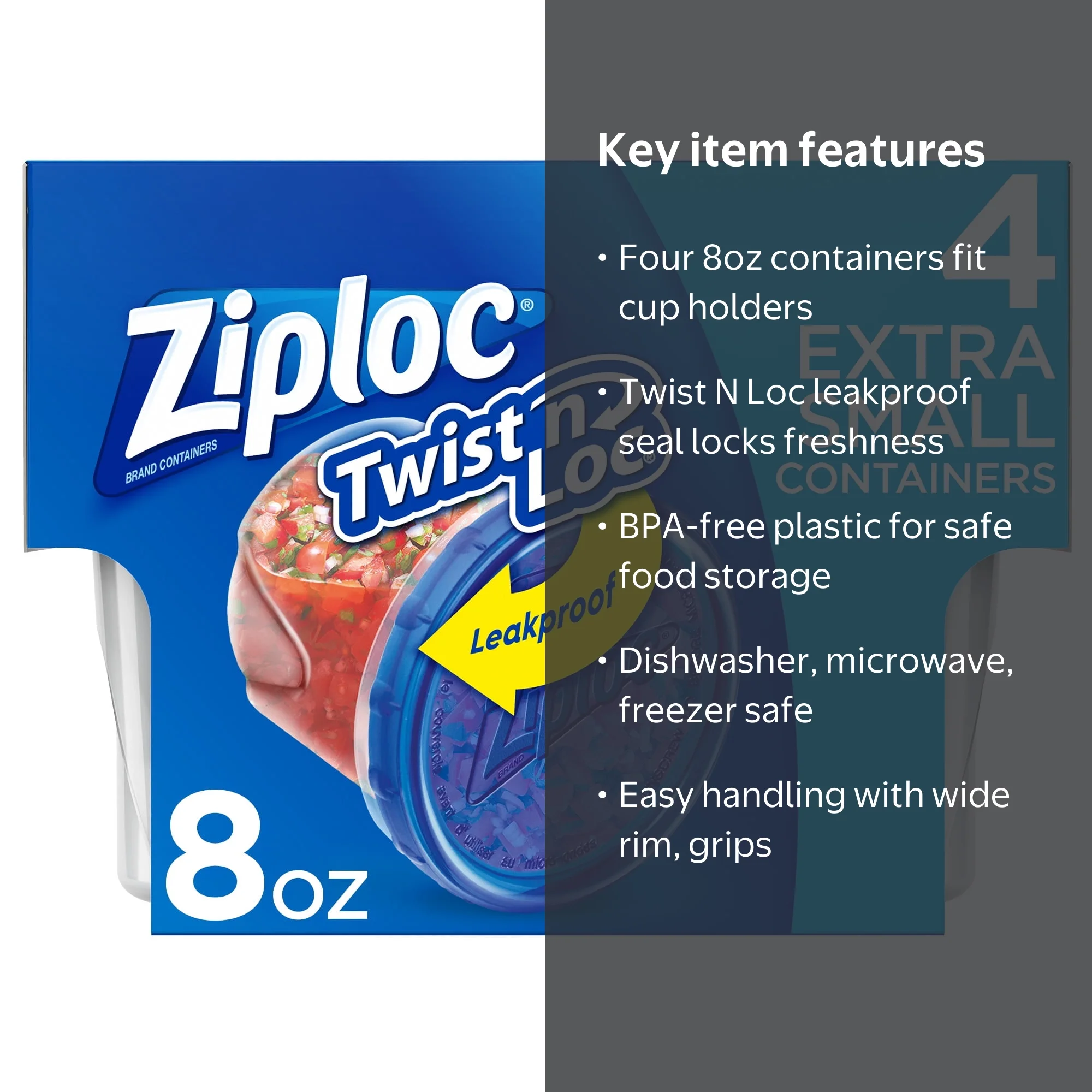Ziploc 4 CT Round Twist 'N Loc, 8oz Leakproof Seal for Food