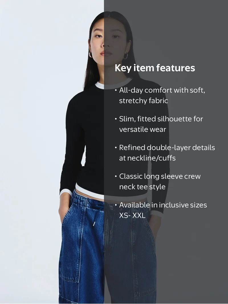 Scoop Women's Double Layer Rib Tee with Long Sleeves, Sizes XS-XXL