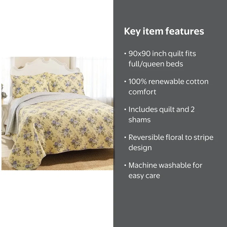 Laura Ashley Linley Reversible Cotton Quilt Set, Full/Queen