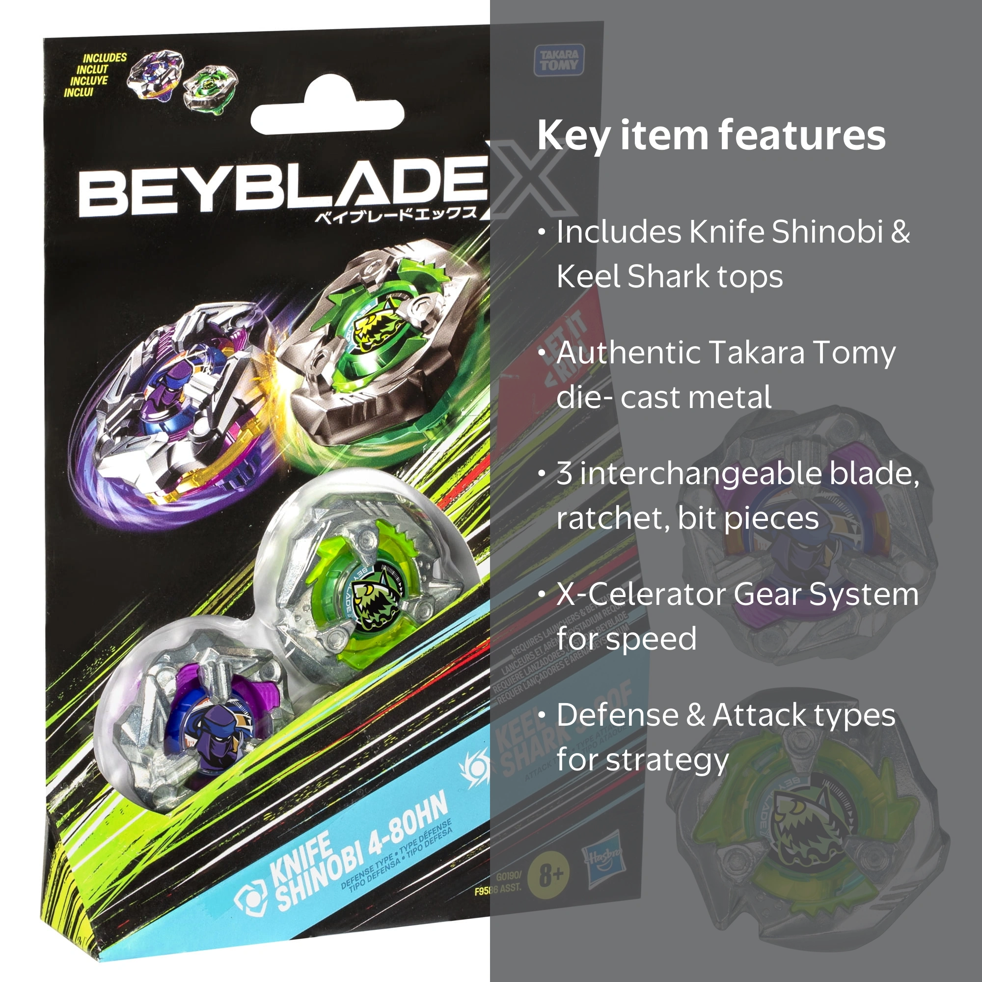 Beyblade X Knife Shinobi 4-80HN and Keel Shark 3-80F Battling Top