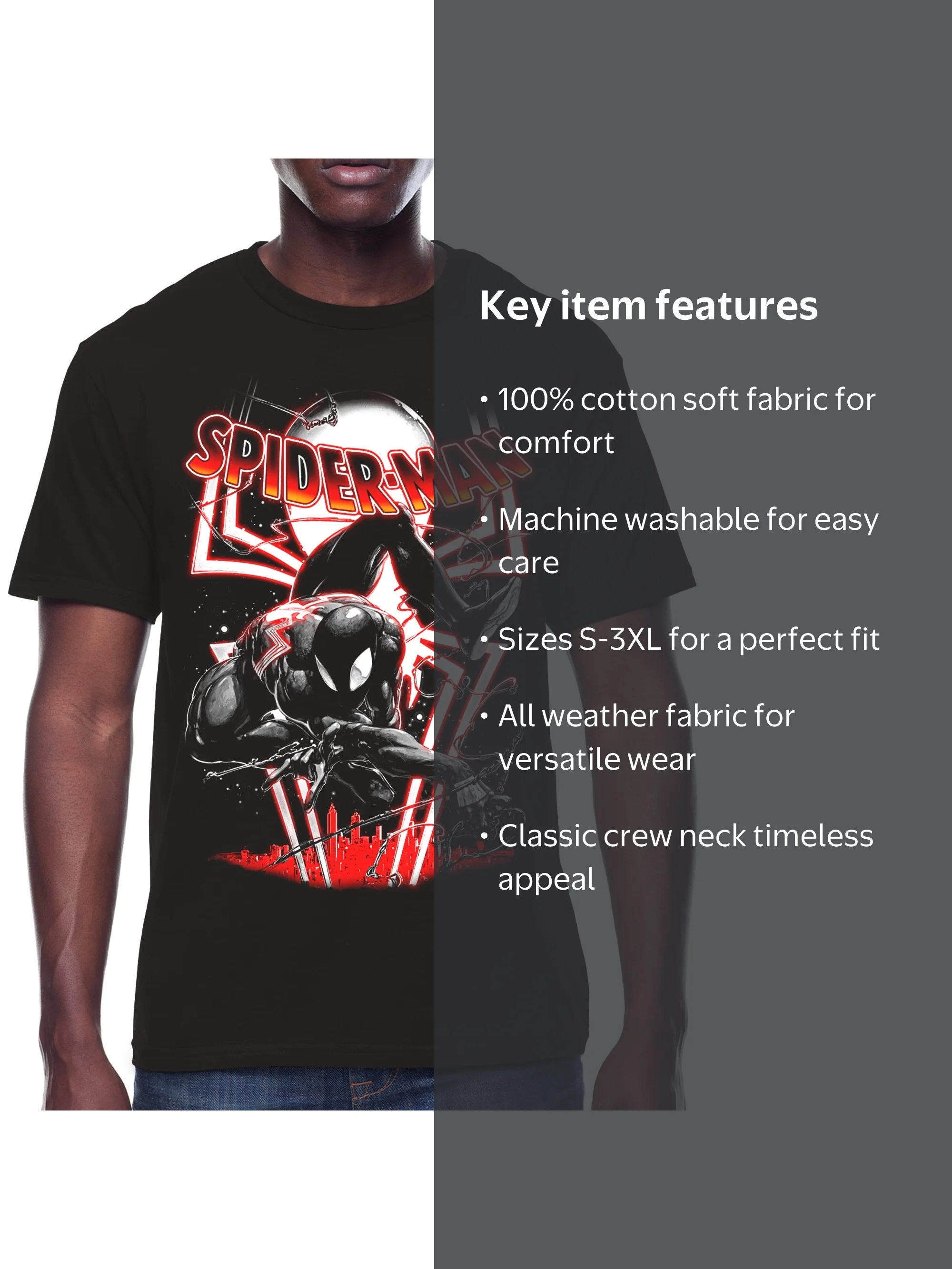 Spider-Man, Men's & Big Men's Graphic Crew Neck T-Shirt, Black