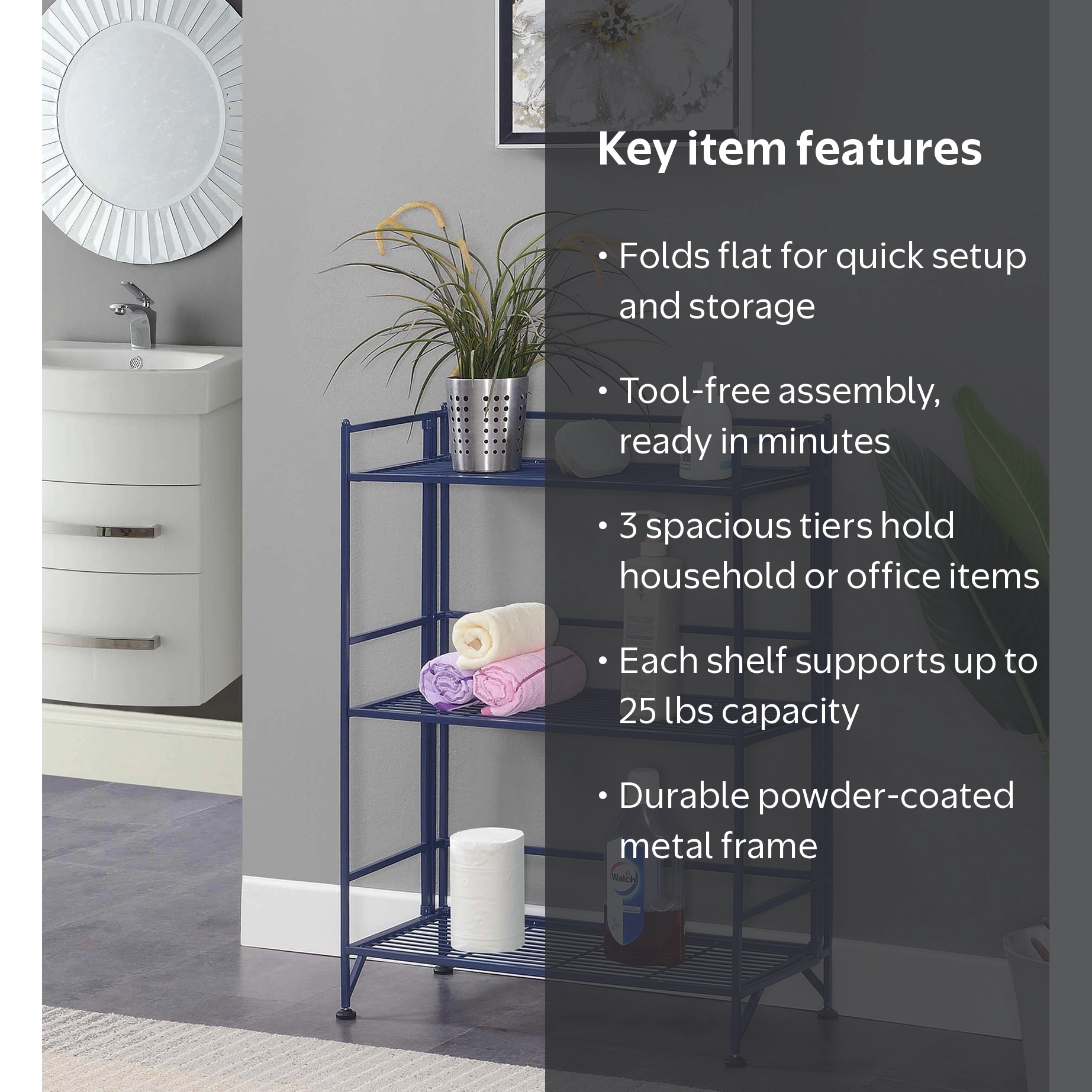 Convenience Concepts Xtra Storage 3 Tier Wide Folding Metal Shelf