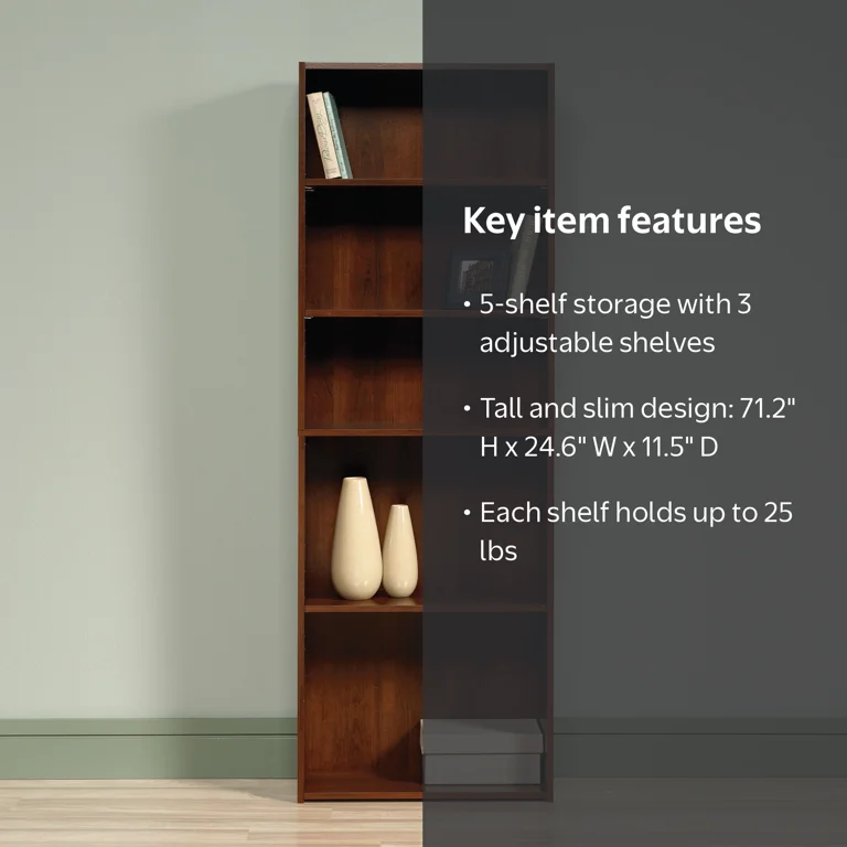 Sauder, Engineered Wood 5-Shelf Bookcase, Brook Cherry, 71