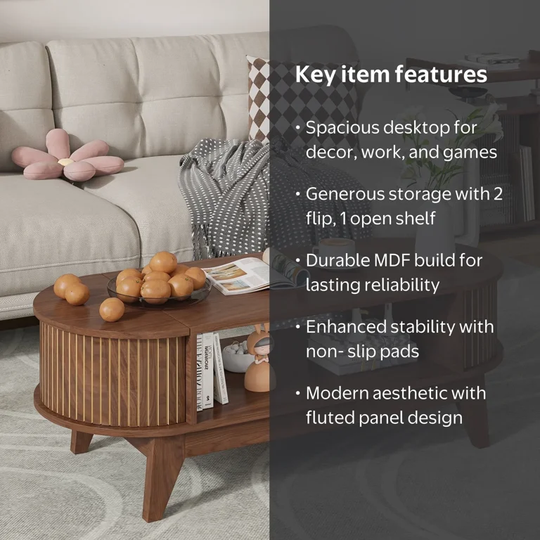 IQCNGVX Fluted Coffee Table with Storage, Oval with Flip-Top Lids
