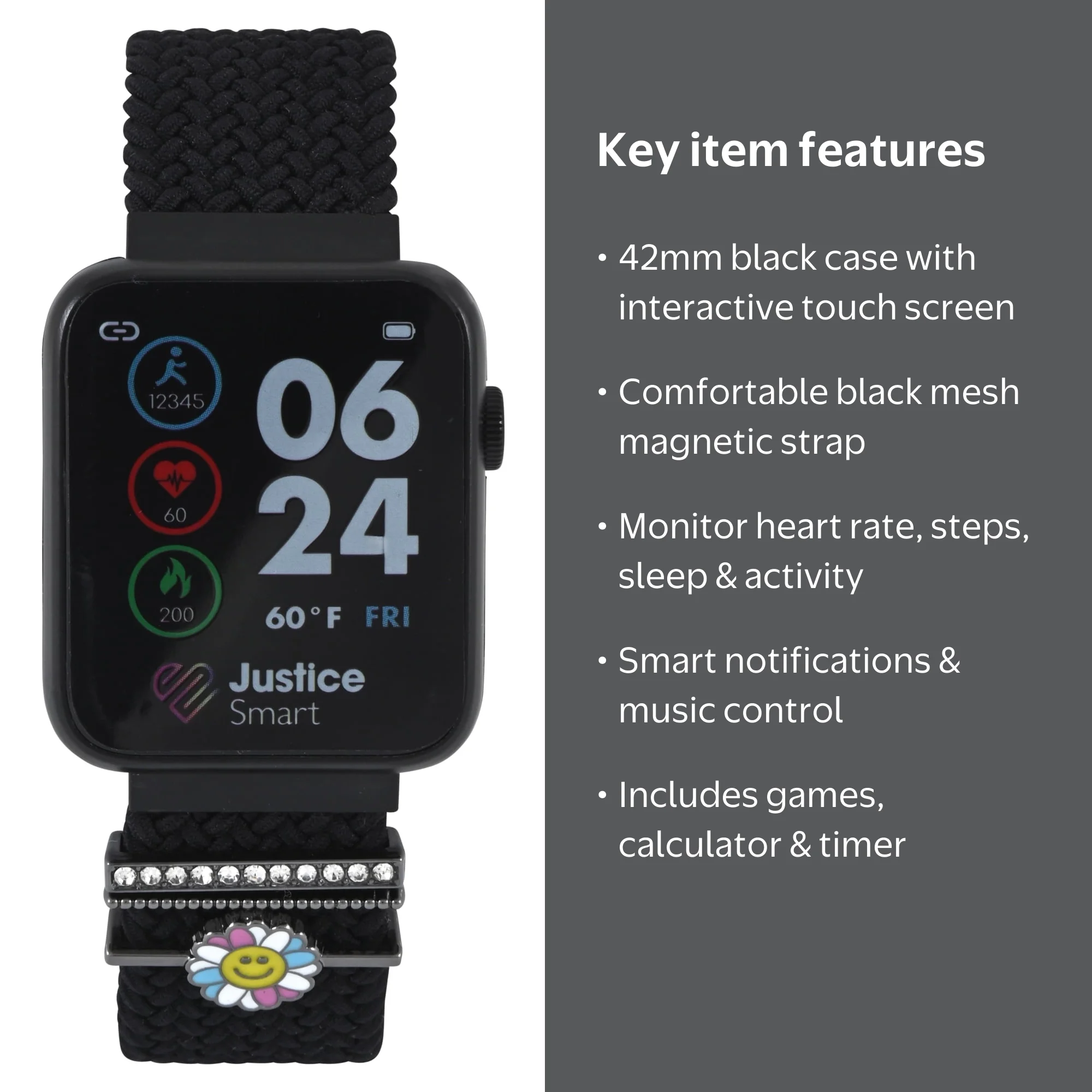 Justice iTime Unisex Child Smart Watch with Black Mesh Magnetic