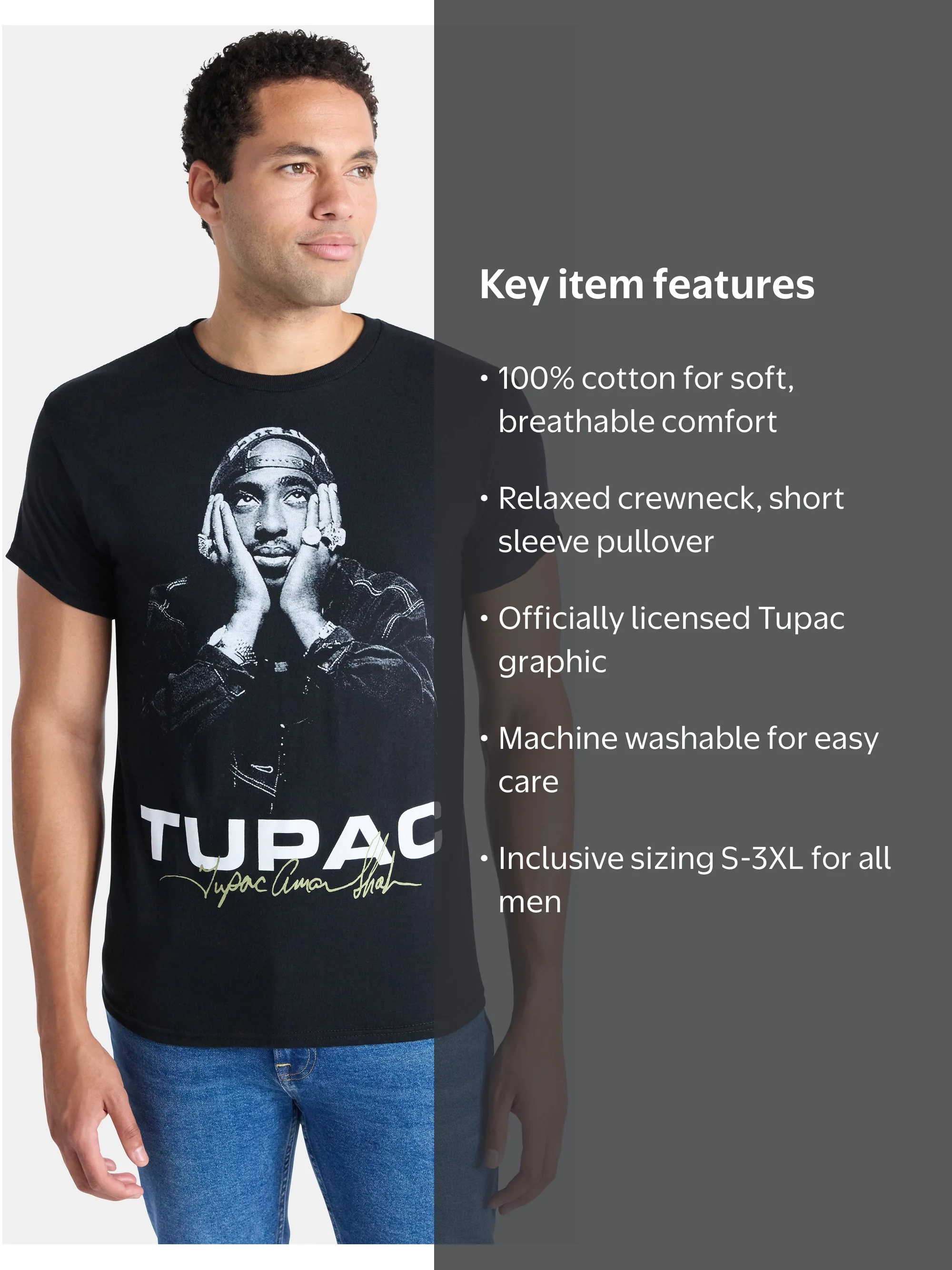 2Pac Men's and Big Men's Tupac Shakur Signature Cotton Graphic Tee