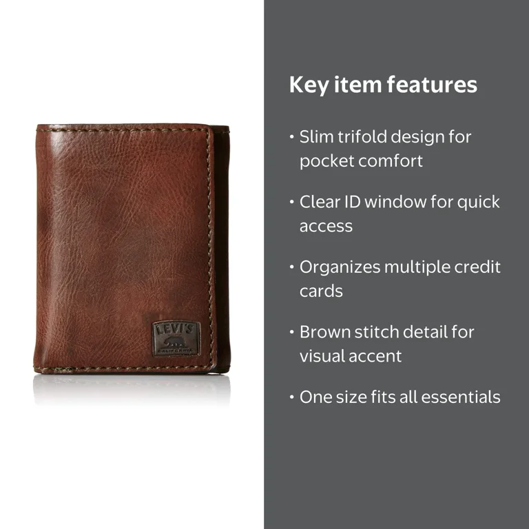 Levi's Men's Trifold Wallet, Sleek and Slim, Brown Stitch, ID
