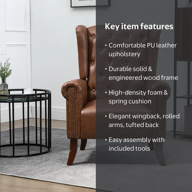 mj　チェア MOJAY, Accent Chair, Wingback Armchair, Brown, PU Leather