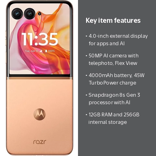 Motorola, Flip Cell Phone, 2024 Razr+, Unlocked US 12/256, Peach