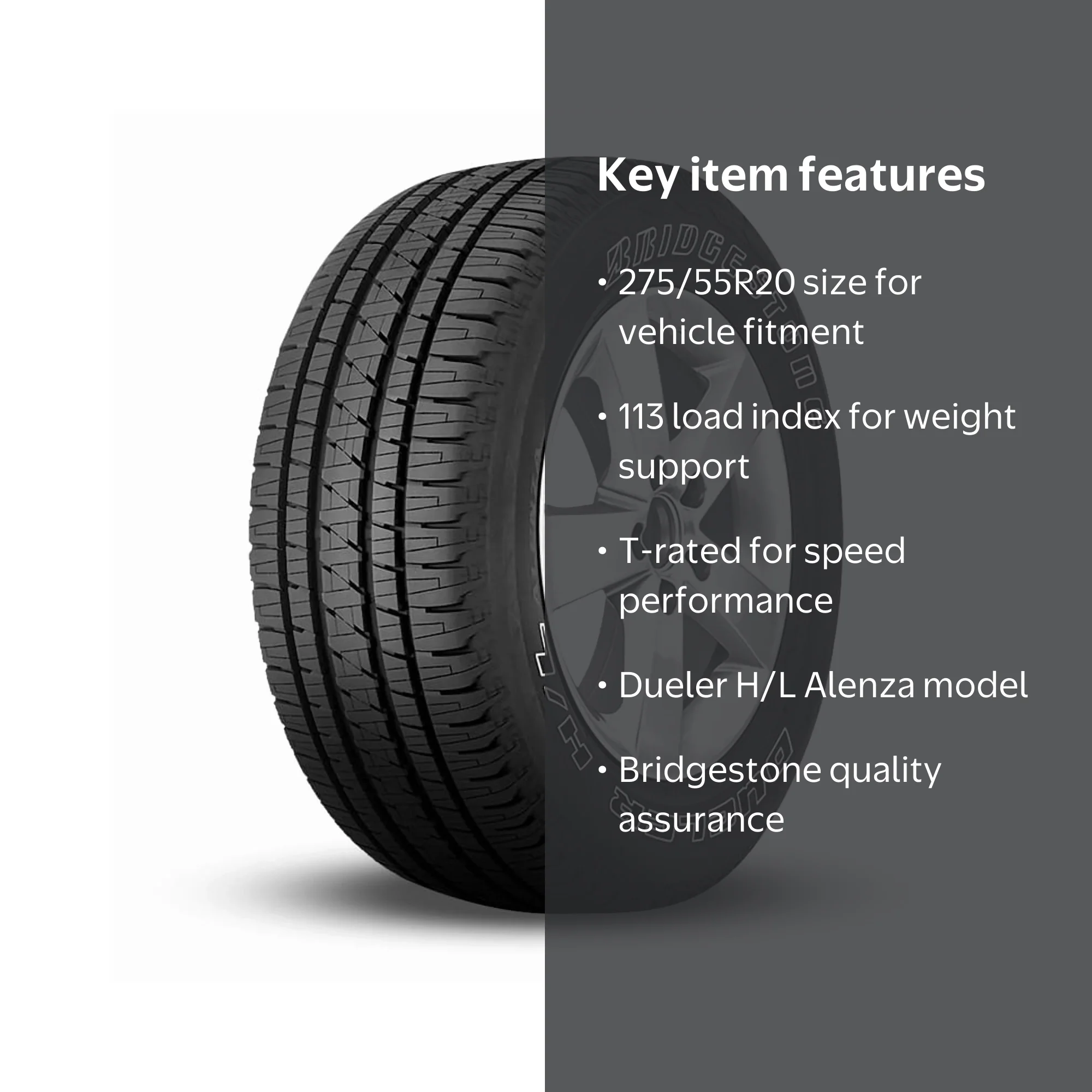 Bridgestone Dueler H/L Alenza OWL Touring Tire, 275/55R20 113T