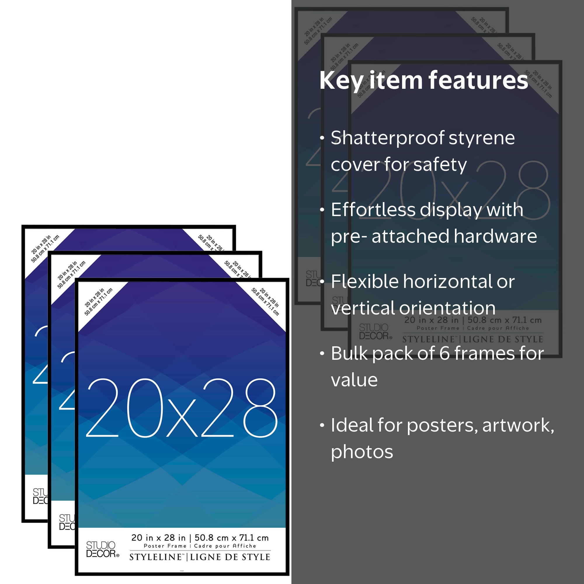 Studio Decor Poster Frame 6 Pack, Lightweight Styrene Cover, Black