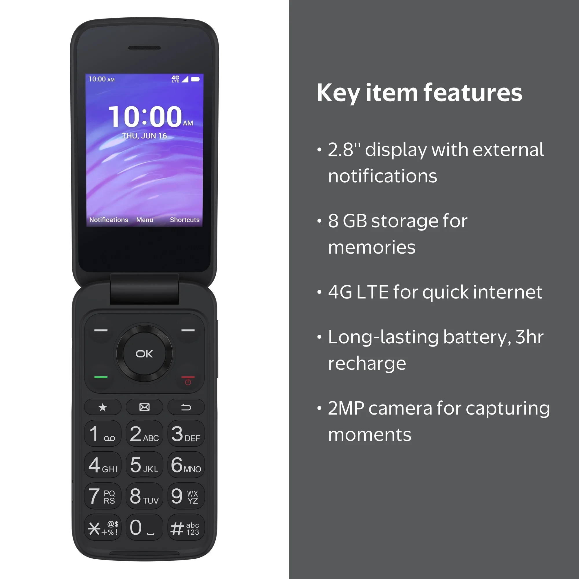 TCL Flip Go 2.8'' 4G LTE 8GB Storage, MTK6739-CH Processor, 2MP