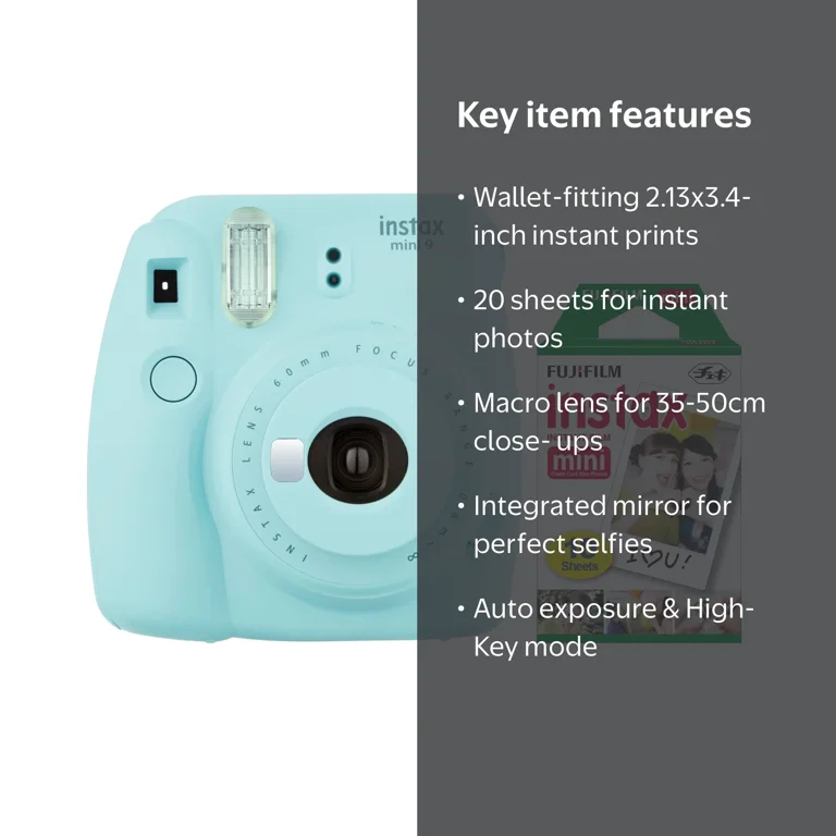 Fujifilm Instax Mini 9 Camera (Ice Blue) with Macro Lens, Selfie