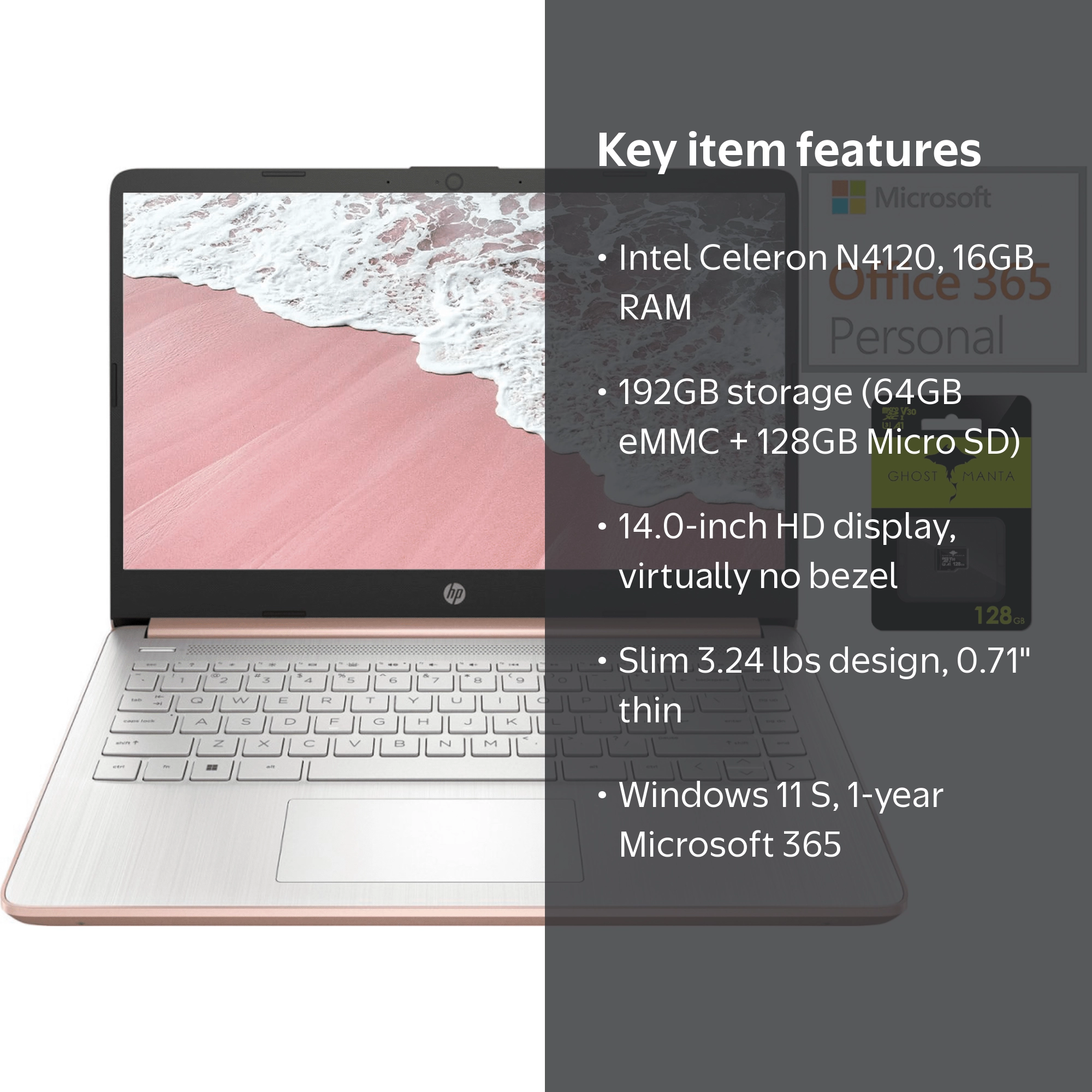 HP 14-inch Slim Light Laptop with 16GB RAM, 192GB Storage, Intel