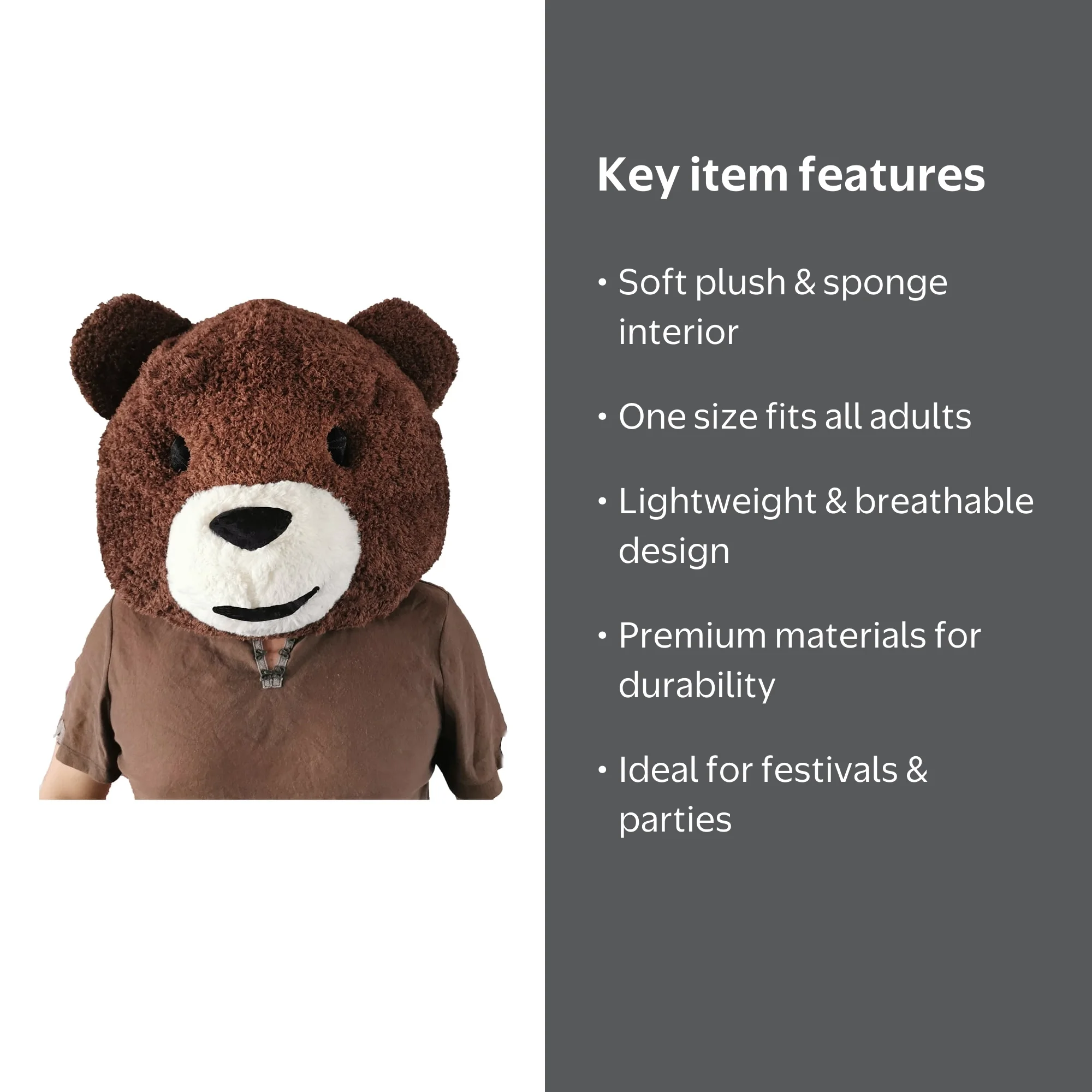 Adult Soft Plush Brown Bear Mascot Head Mask, Lightweight