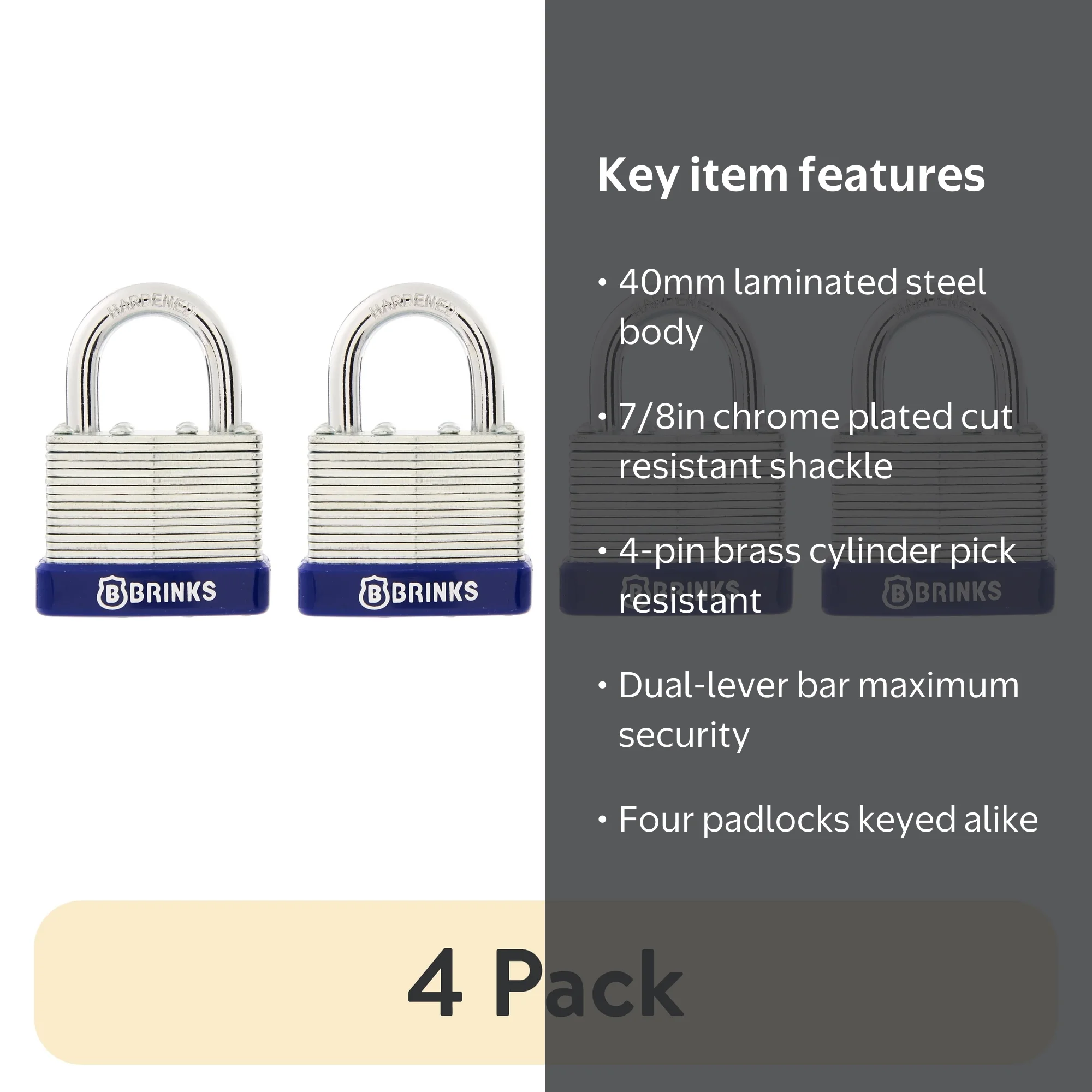 4 pack) Brinks Laminated Steel 40mm Keyed Padlock with 7/8in