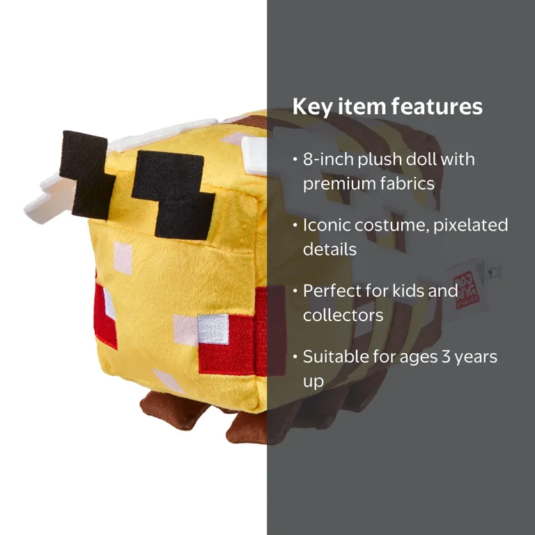 Minecraft Plush Angry Bee Toy, 8-inch Collectible Soft Doll