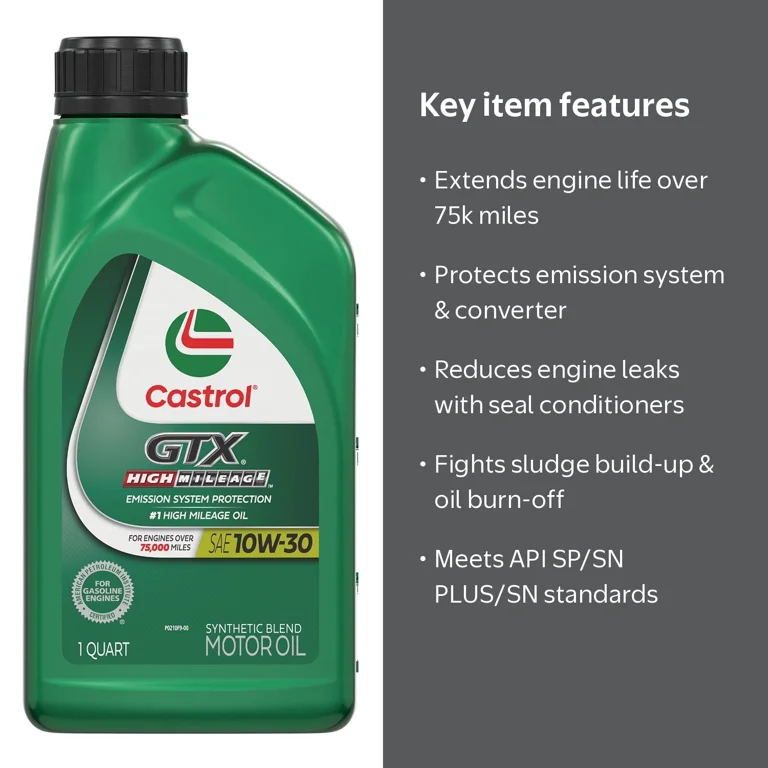 Castrol GTX High Mileage 10W-30 Synthetic Blend Motor Oil, 1 Qt