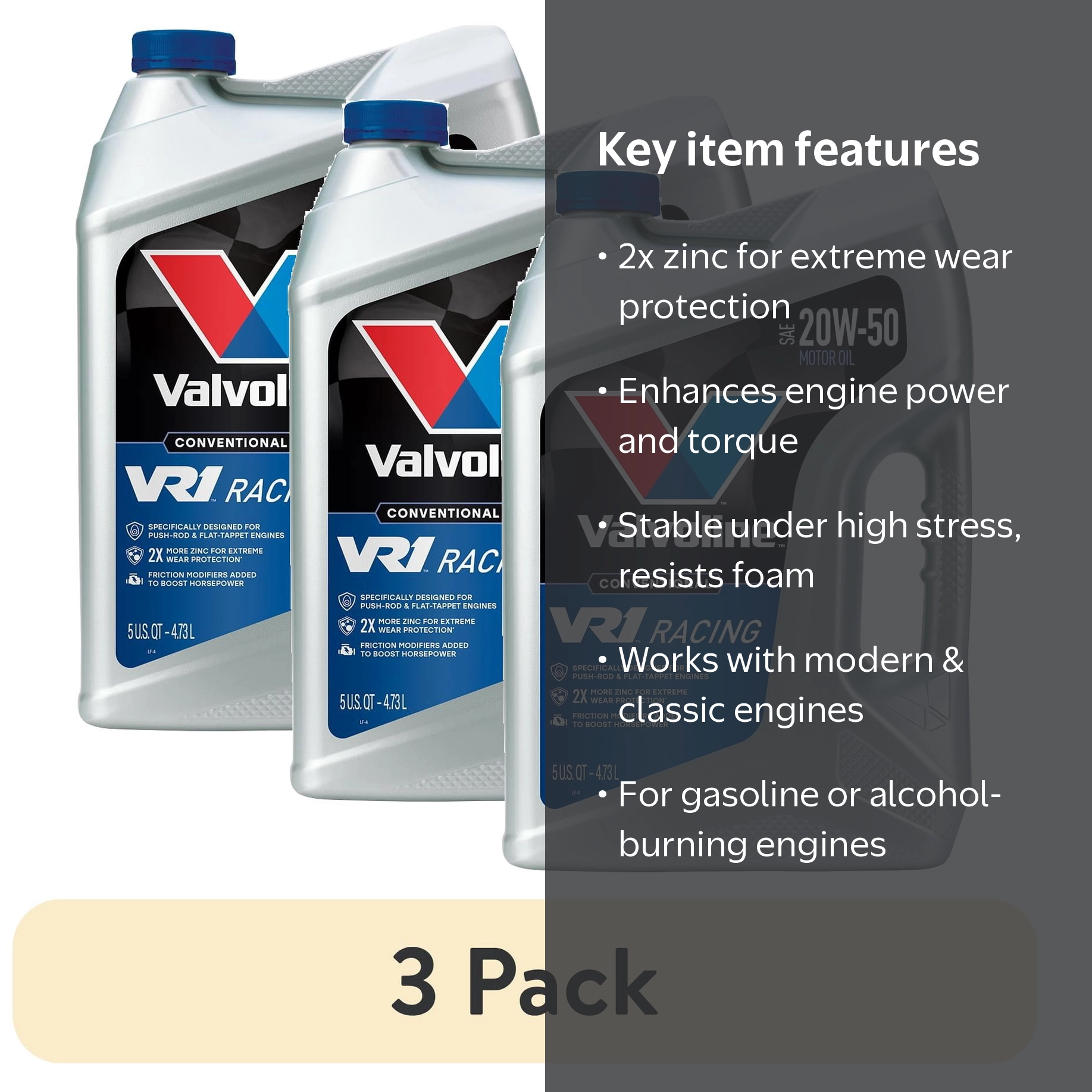 3 pack) Valvoline VR1 Racing SAE 20W-50 Conventional Motor Oil, 5
