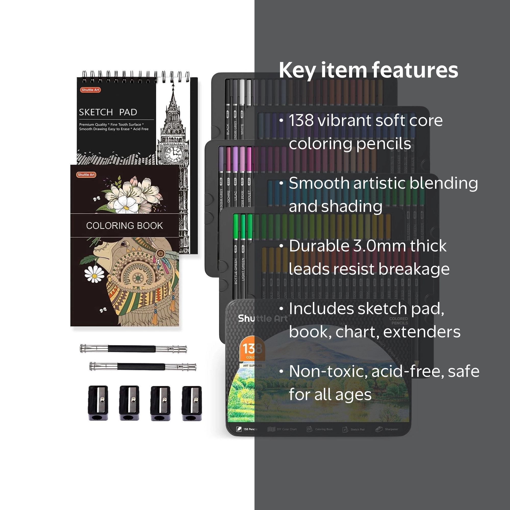 Shuttle Art 138-Color Colored Pencil Set with Sketch Pad, Coloring