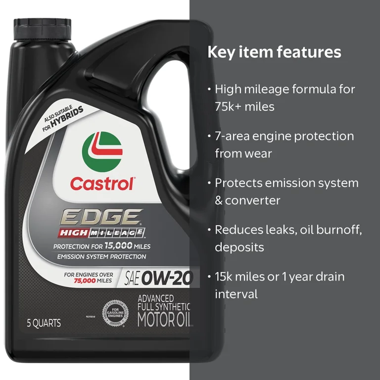 Castrol, High Mileage Synthetic Motor Oil, 0W-20, 5 Quarts