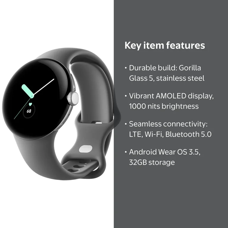 Google Pixel Watch LTE, Polished Silver, 41mm, Charcoal Band
