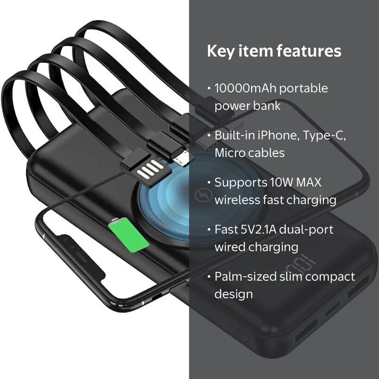 10000mAh Wireless Power Bank with 4 Built-in Cables for iPhone