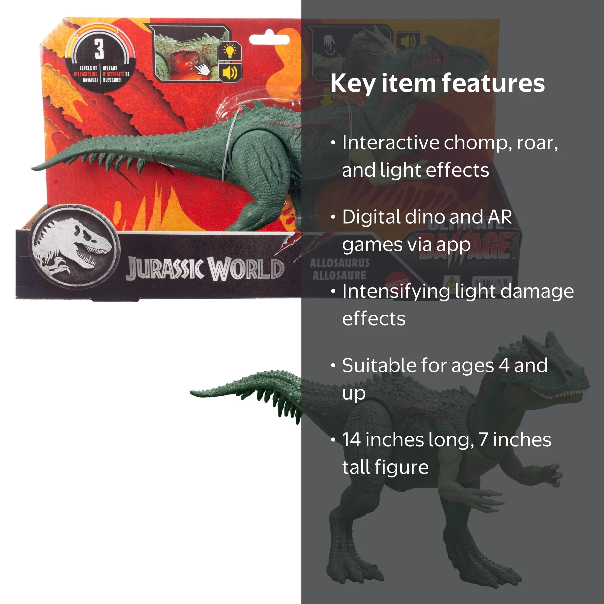 Jurassic World - Figurine Articulée Dinosaure Allosaurus Daño Extremo 44,5 cm Longueur avec Sons, Multicolore (Mattel HFK06 Jurassic World - Figurine Articulée Dinosaure Allosaurus Daño Extremo 44,5 cm Longueur avec Sons, Multicolore (Mattel HFK06