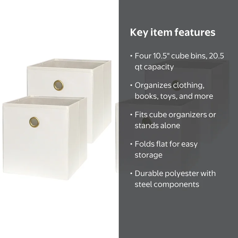 Mainstays Collapsible Fabric Cube Storage Bins, 4pk, Off-White