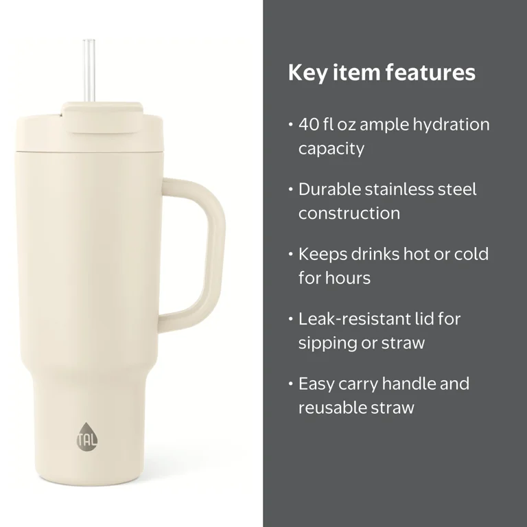 TAL 40oz Stainless Steel Hudson Tumbler with Straw, Cream