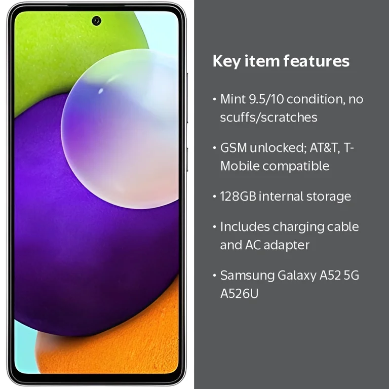 Samsung, Smartphone, Galaxy A52 5G A526U 128GB, Black GSM Unlocked