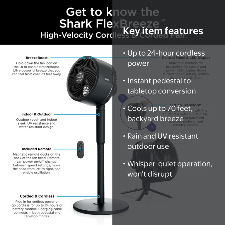 Shark FlexBreeze Cordless Fan, 24-Hr Battery, Pedestal & Tabletop