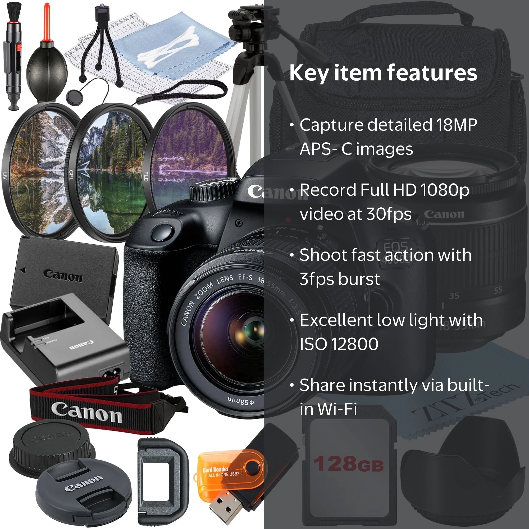 Canon EOS 4000D DSLR Camera 18MP, EF-S 18-55mm Lens, 32GB SD Card