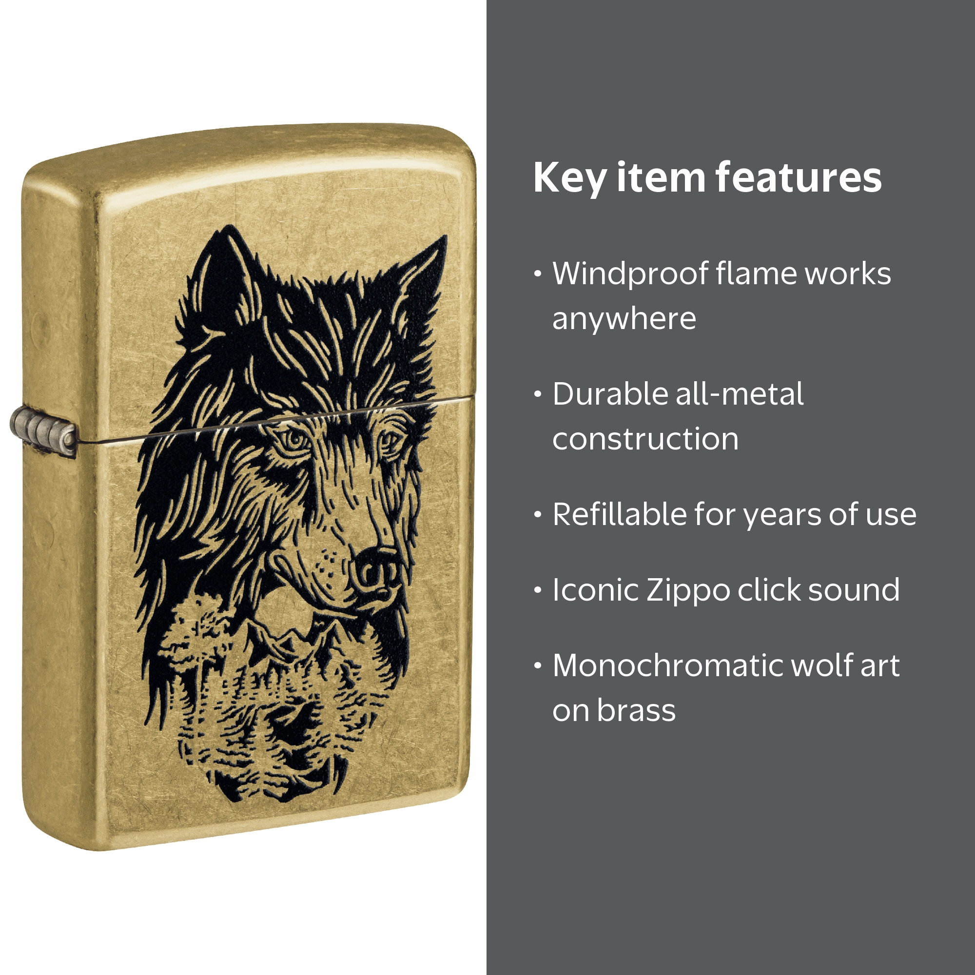Zippo Pocket Lighter Nature Wolf Street Brass, 1 Pack - Walmart.com