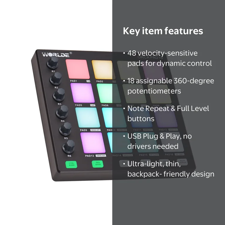 Worlde, MIDI Pad Beat Maker, 16 Drum Pads, Portable USB Controller