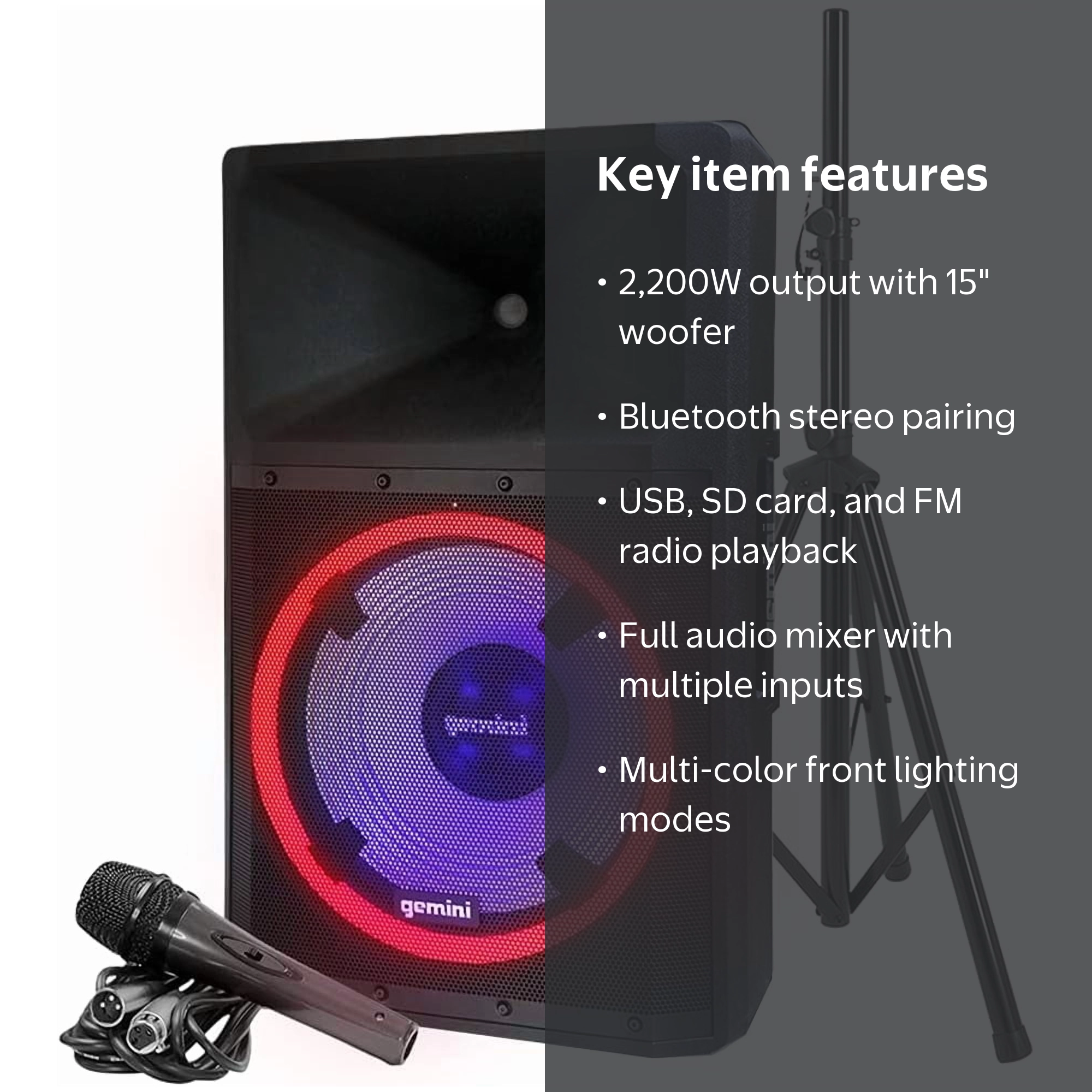 Gemini GSP-L2200PK Bluetooth 2,200W Speaker, Party Lights, Mic