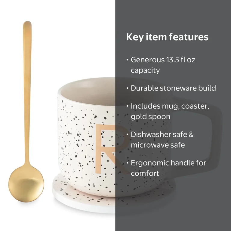 Thyme & Table Monogram R Mug Set with Coaster and Spoon, Elegant