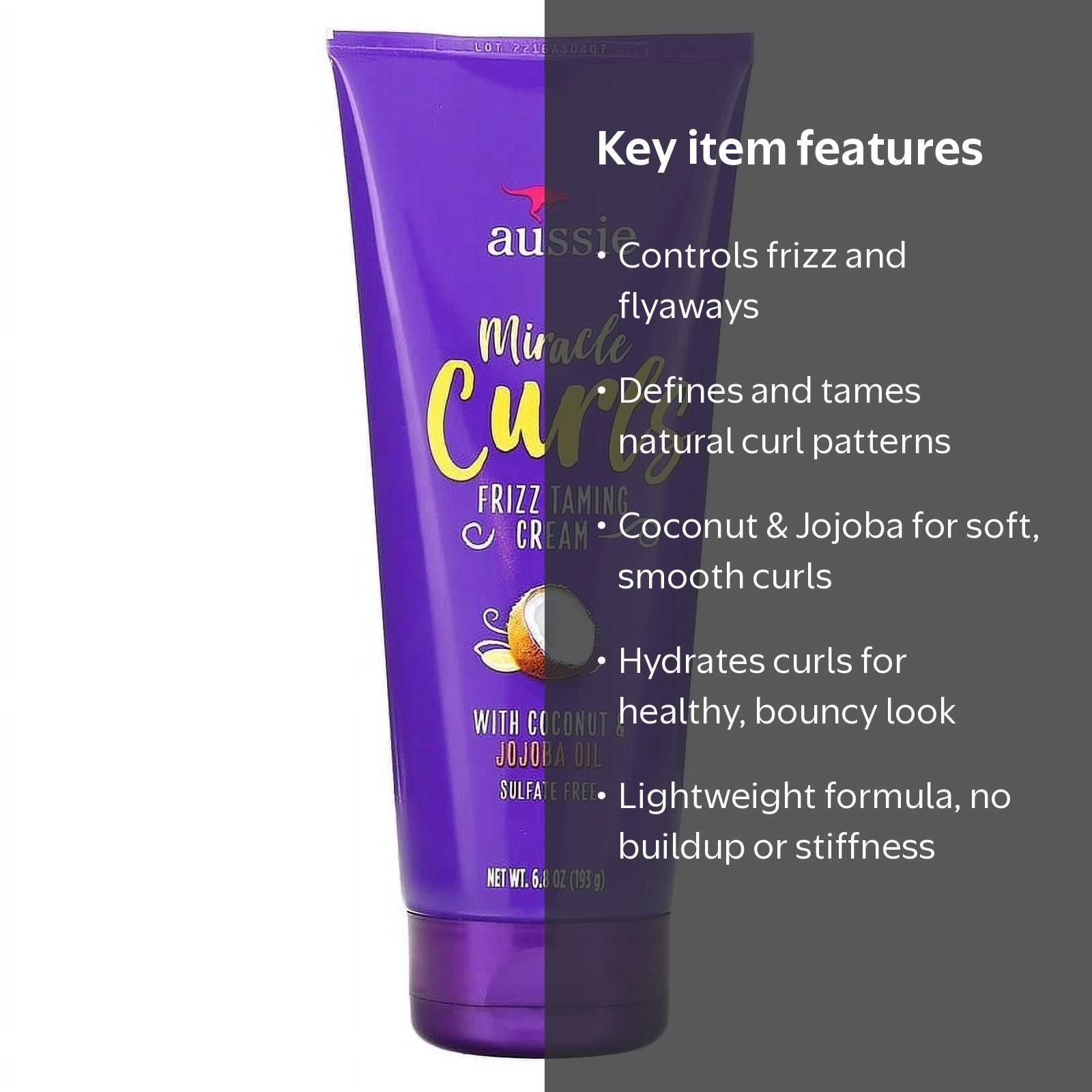 Aussie Miracle Curls Frizz Taming Cream 6.8 oz, Nourishing Coconut