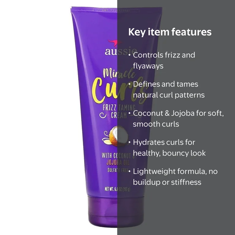 Aussie Miracle Curls Frizz Taming Cream 6.8 oz, Nourishing Coconut