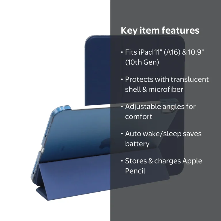 Onn+ Tablet Folio Case for iPad 10th Gen A16 Blue, Protective
