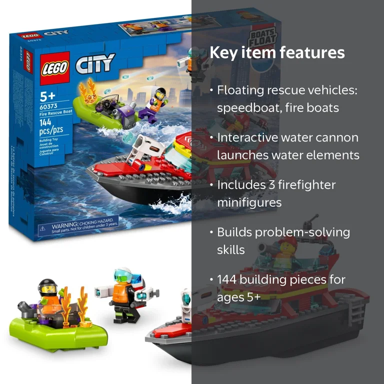 LEGO, Fire Rescue Boat, 60373, 144 Pieces, Water Floats, Kids Ages