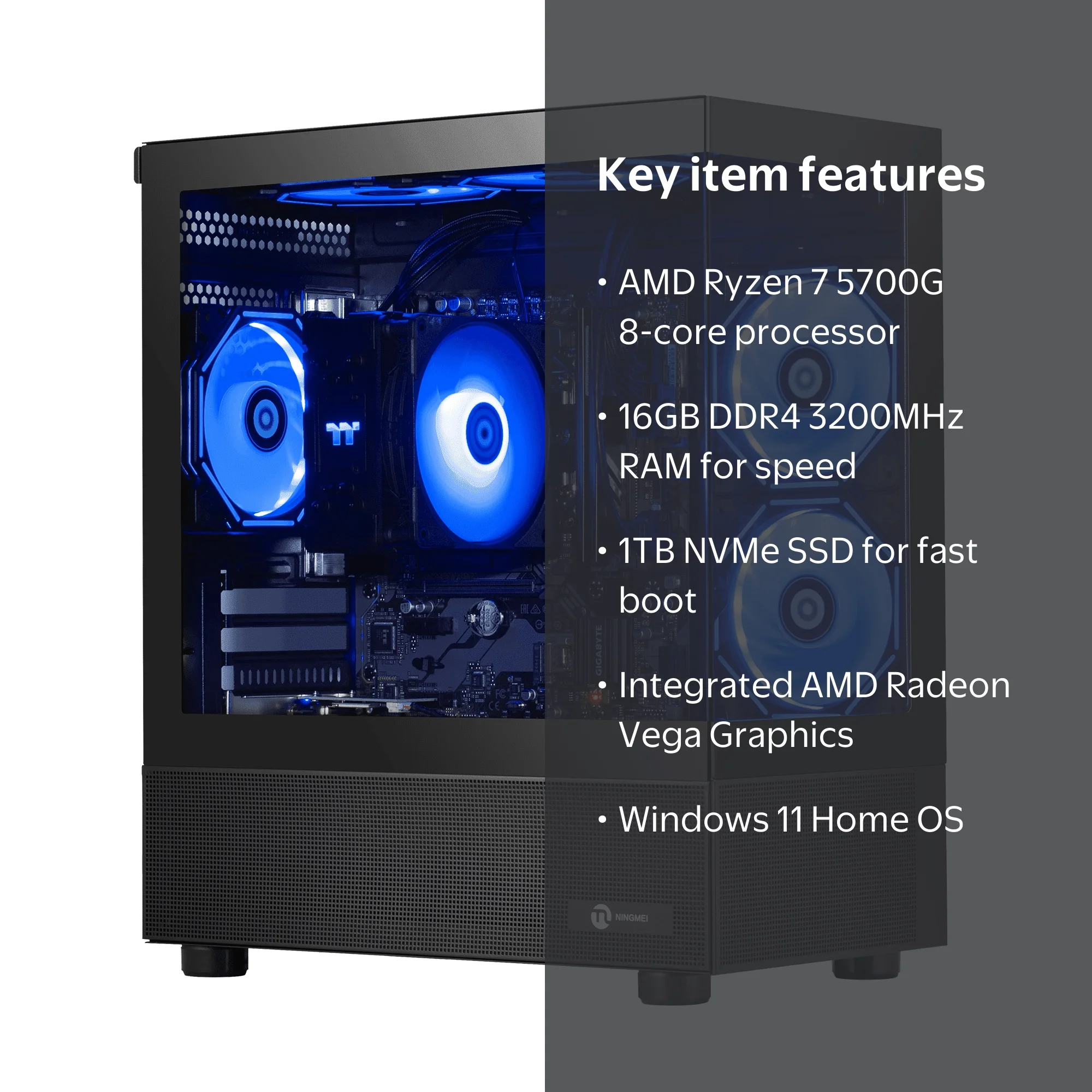 Ningmei Gaming Desktop, AMD Ryzen 7 5700G, 16GB RAM, 1TB SSD, WiFi