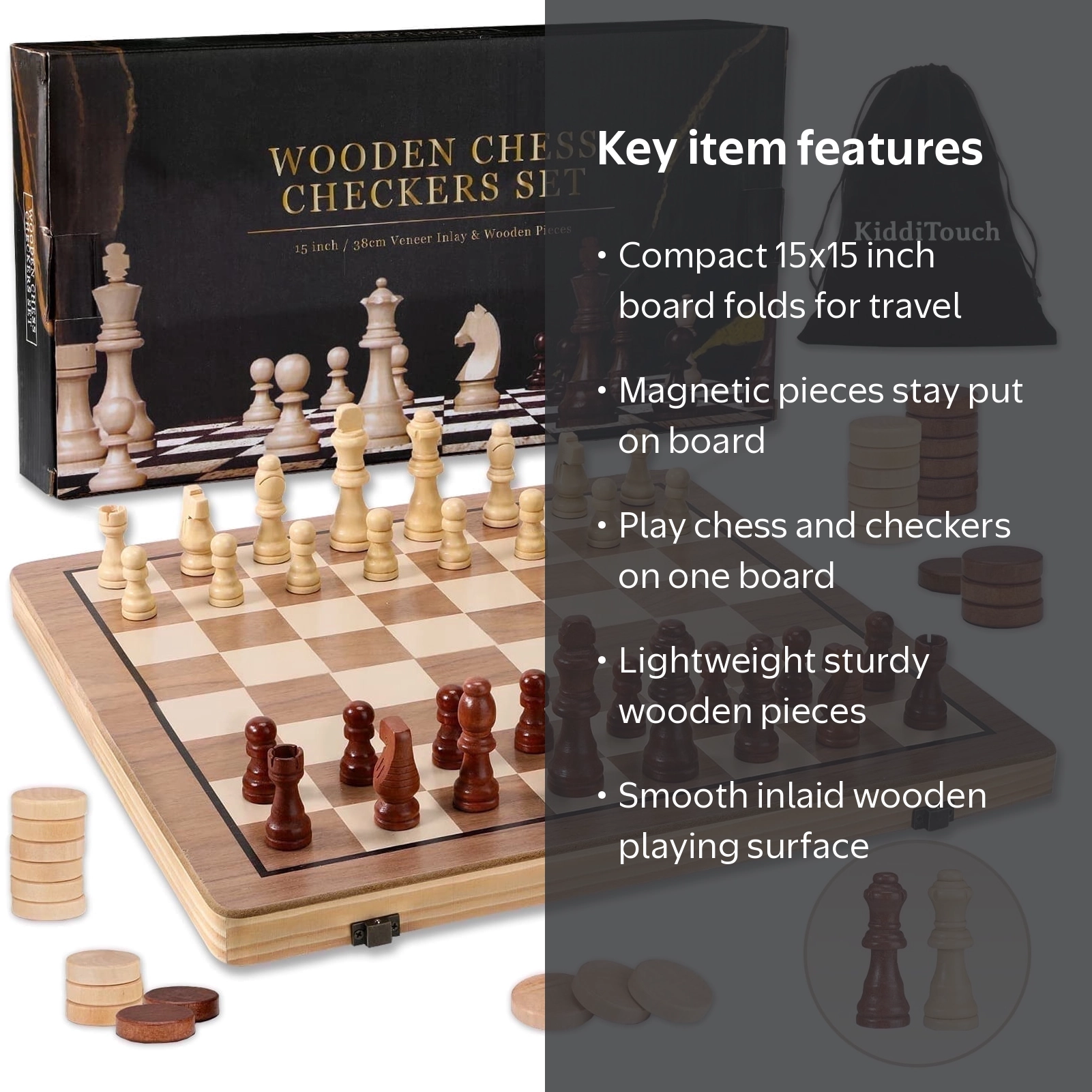 KiddiTouch 15 inch Magnetic Wooden Chess Set 2 in 1 Folding Chess