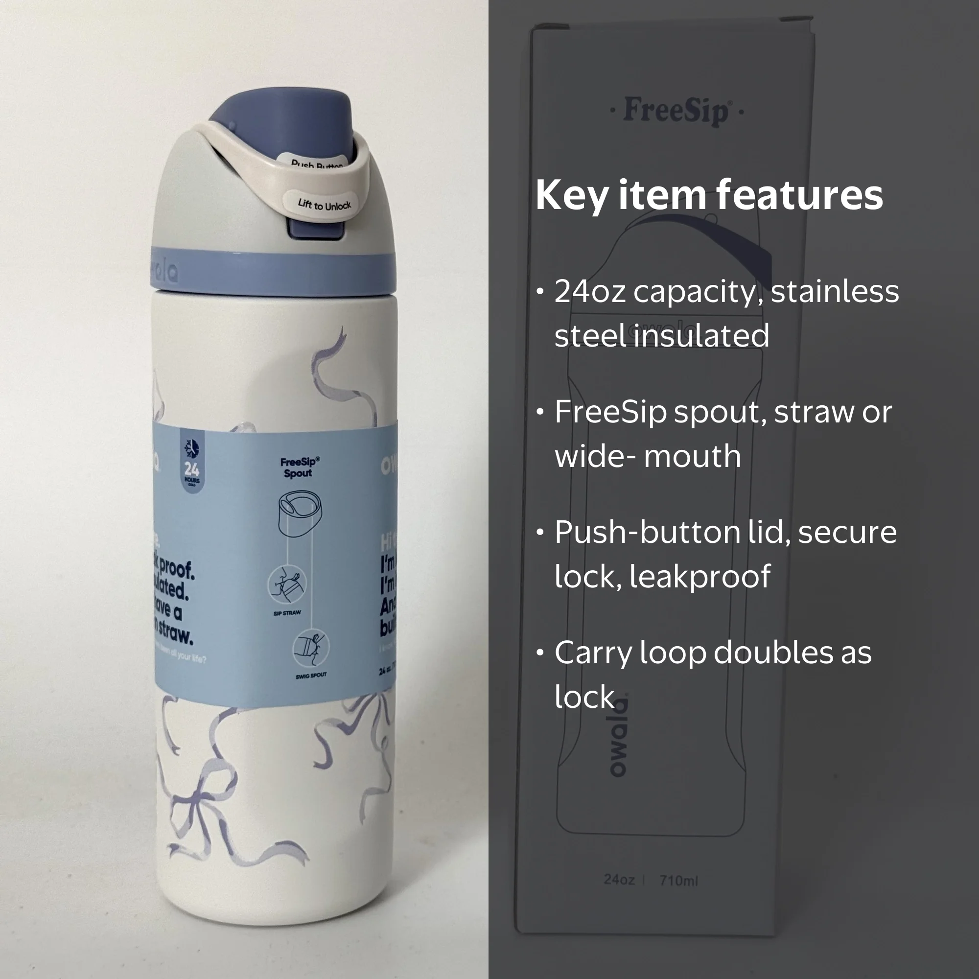 Owala FreeSip Stainless Steel Water Bottle, 24oz, Blue Bows