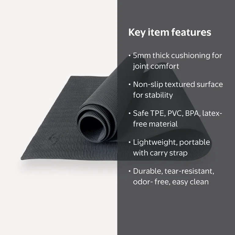Athletic Works 68x24 inch 5mm TPE Rich Black Yoga Mat with Carry