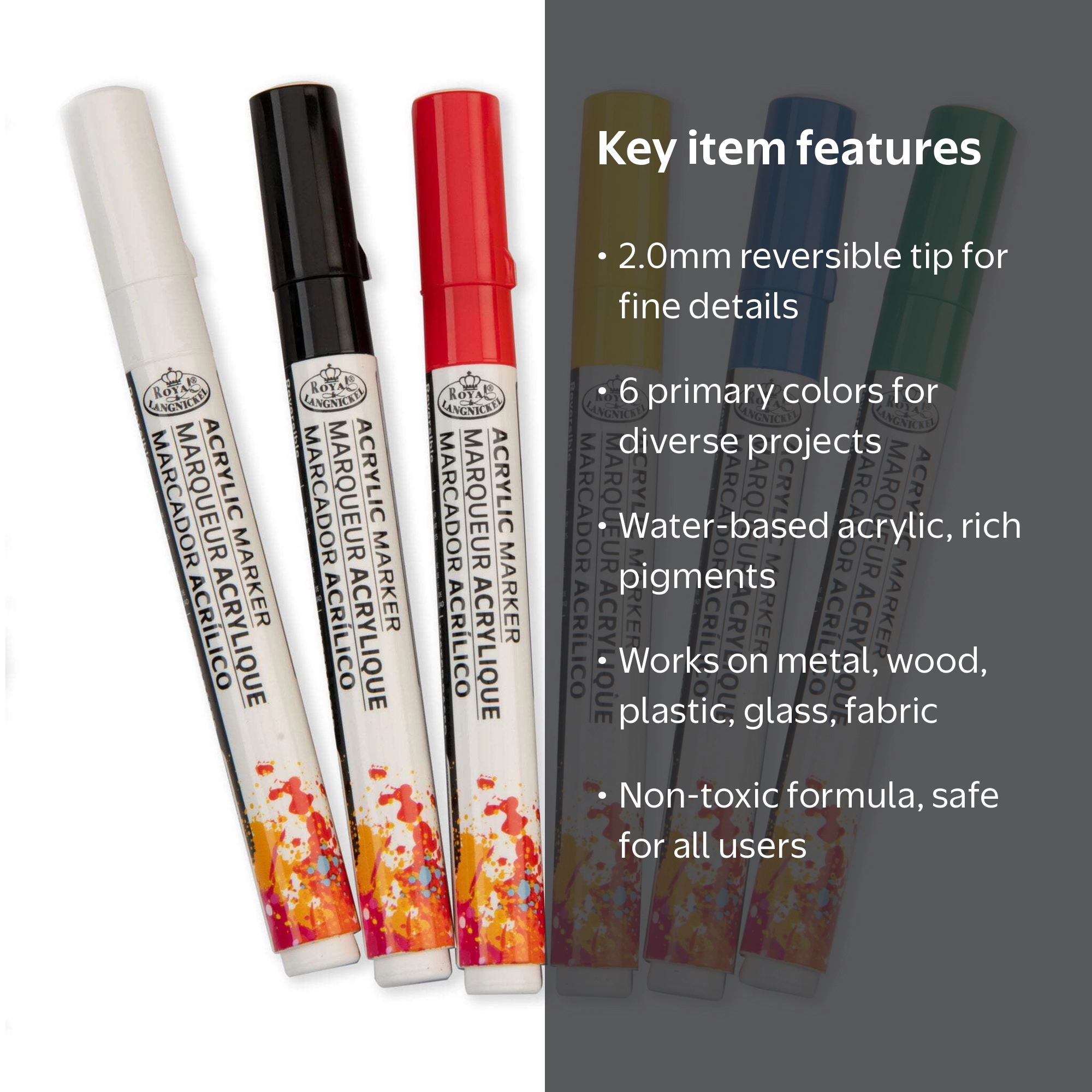 Royal & Langnickel, Acrylic Marker Set, 6 Piece, Reversible Tips