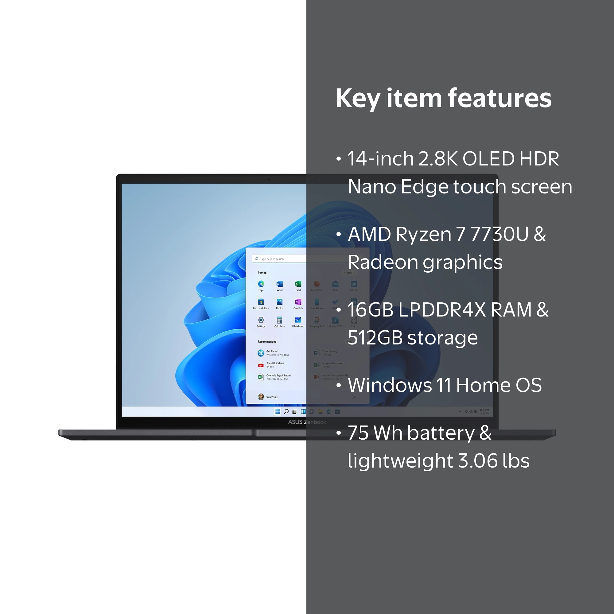 ASUS Zenbook 14” OLED Touchscreen PC Laptop, AMD Ryzen 7 7730U
