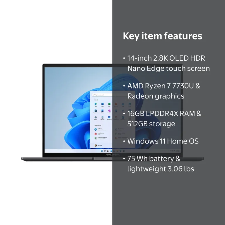ASUS Zenbook 14” OLED Touchscreen PC Laptop, AMD Ryzen 7 7730U